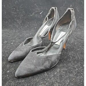 Vtg Sz 6.5 Calvin Klein Black Suede Heels T Strap Made Italy Vero Cuoio Leather